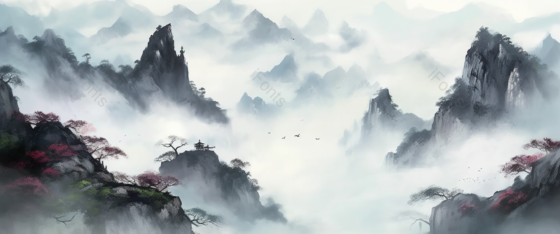 鸟儿穿梭于山峰之间远景中国风水墨山水画,插画/手绘图,插画/手绘图库,插画/手绘图下载,插画/手绘